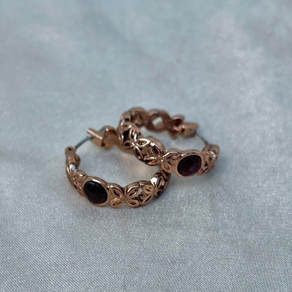 Ornate Bronze and Garnet Hoop Earrings